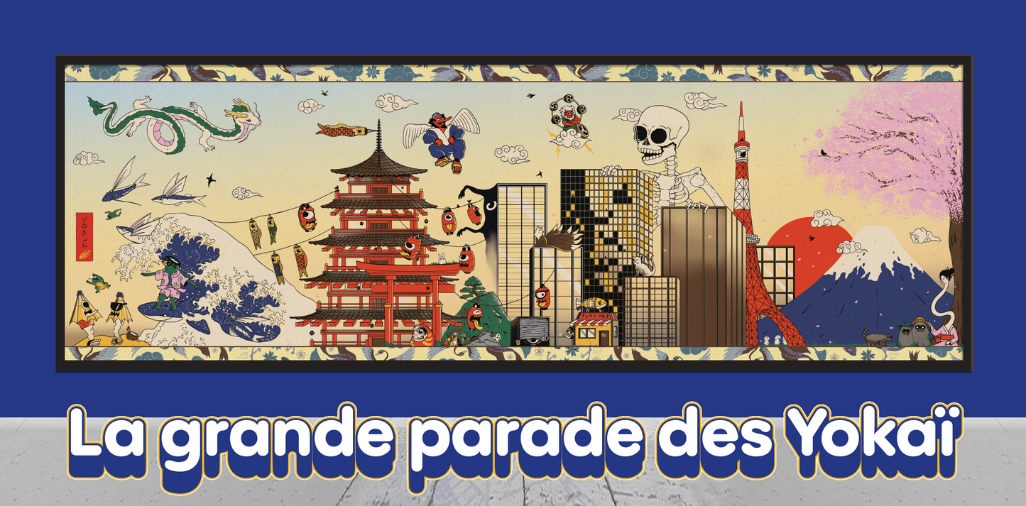 Affiche Grande Parade Yokaï – créatures folkloriques japonaises 120x40 cm