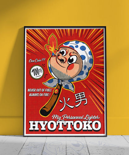 Affiche Hyottoko Lighter – masque japonais et feu 30x40 cm